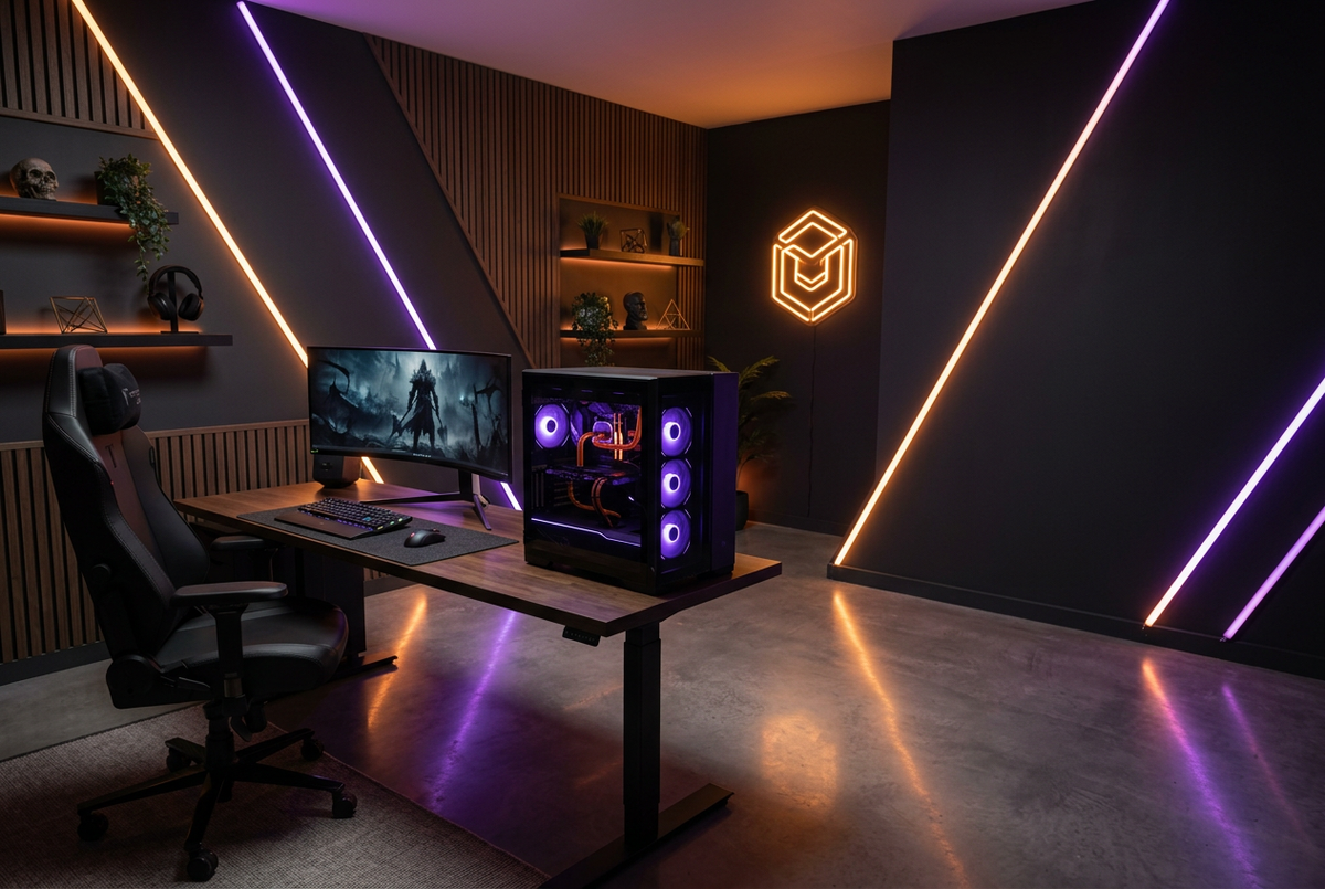 Ambiente gaming con neon arancio e viola