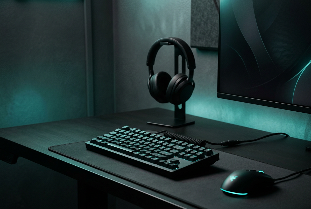 Dettaglio di una scrivania gaming nera e verde petrolio