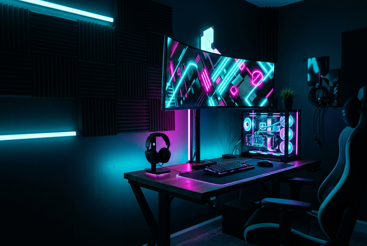 Setup gaming con neon ciano e magenta