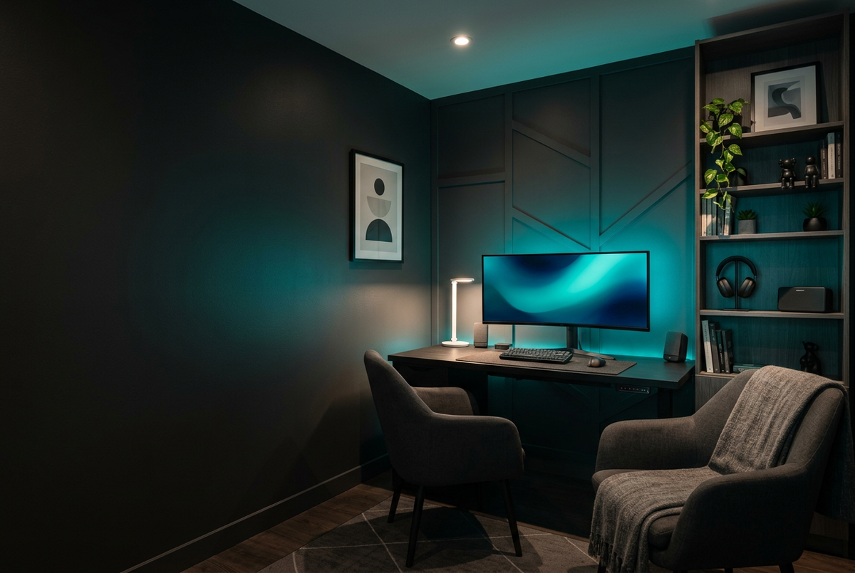 Stanza gaming con illuminazione verde petrolio